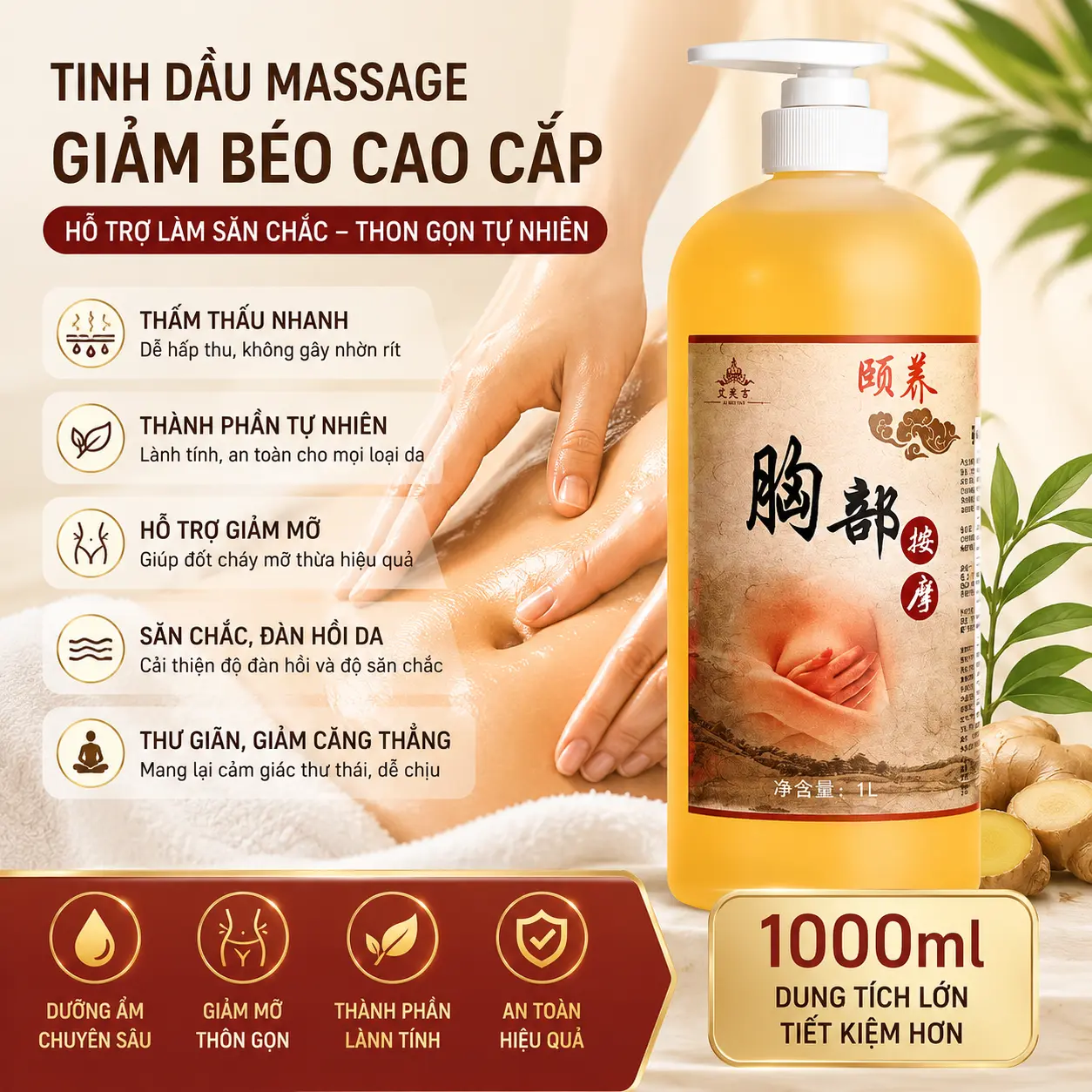 1 Tinh Dầu Chăm Sóc Ngực Cao Cấp 1000ml – Hỗ Trợ Massage Săn Chắc, Dưỡng Ẩm Và Chăm Sóc Vùng Ngực