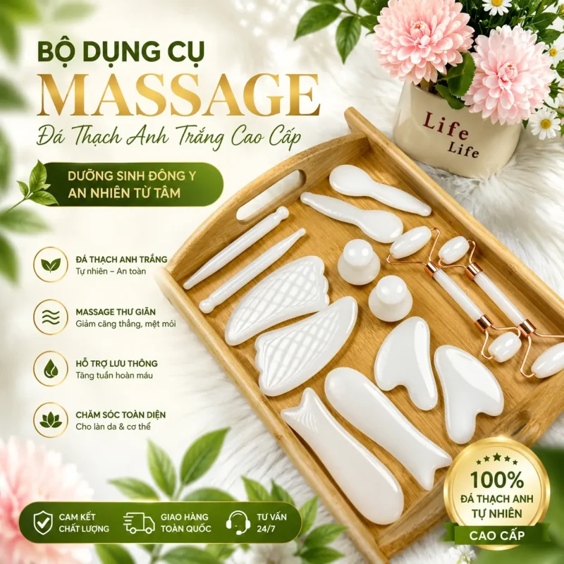 Bộ Đá Thạch Anh Trắng 14 Món Cao Cấp – Massage Mặt, Nâng Cơ, Thư Giãn | Bộ Dụng Cụ Massage Spa Chuyên Nghiệp