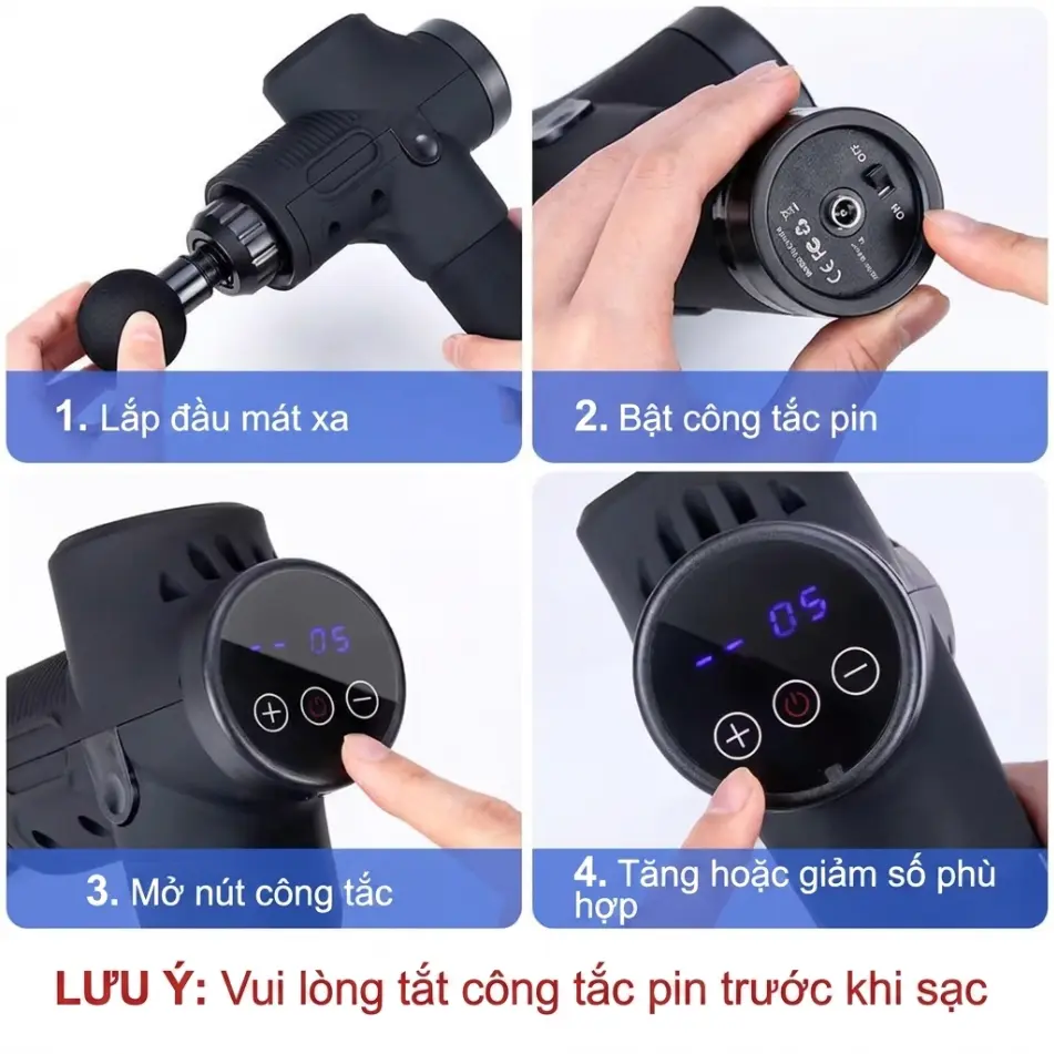 2 Súng Massage Gun Cầm Tay 30 Cấp Độ – 6 Đầu Massage Đa Năng