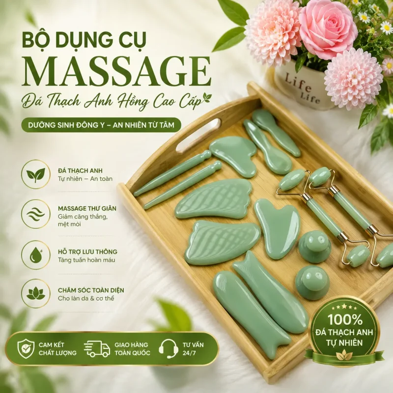 Bộ Đá Thạch Anh Xanh 14 Món Cao Cấp – Massage Mặt, Nâng Cơ, Thư Giãn | Bộ Dụng Cụ Massage Spa Chuyên Nghiệp