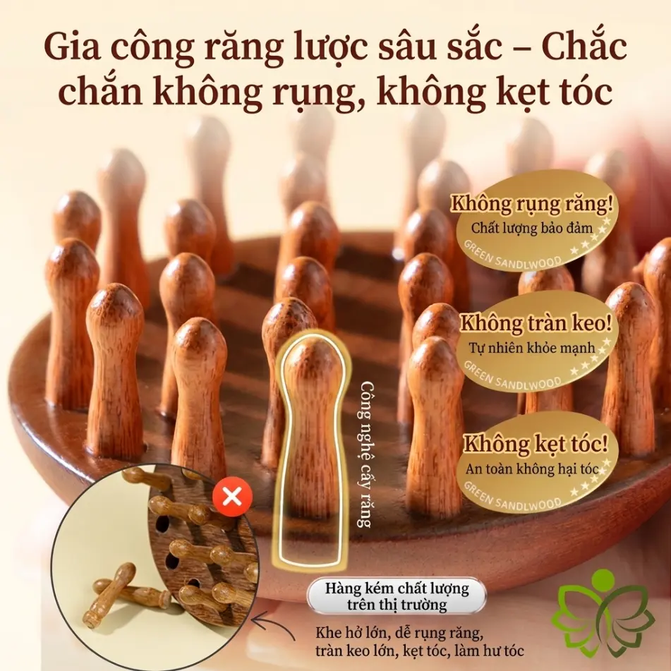 3 Lược tròn bằng gỗ đàn hương vàng có 28 gai