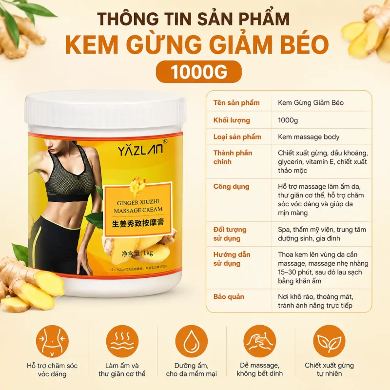 Kem Gừng Giảm Béo Massage Cao Cấp 1000g – Hỗ Trợ Massage Săn Chắc Cơ Thể, Thư Giãn Cơ Bắp