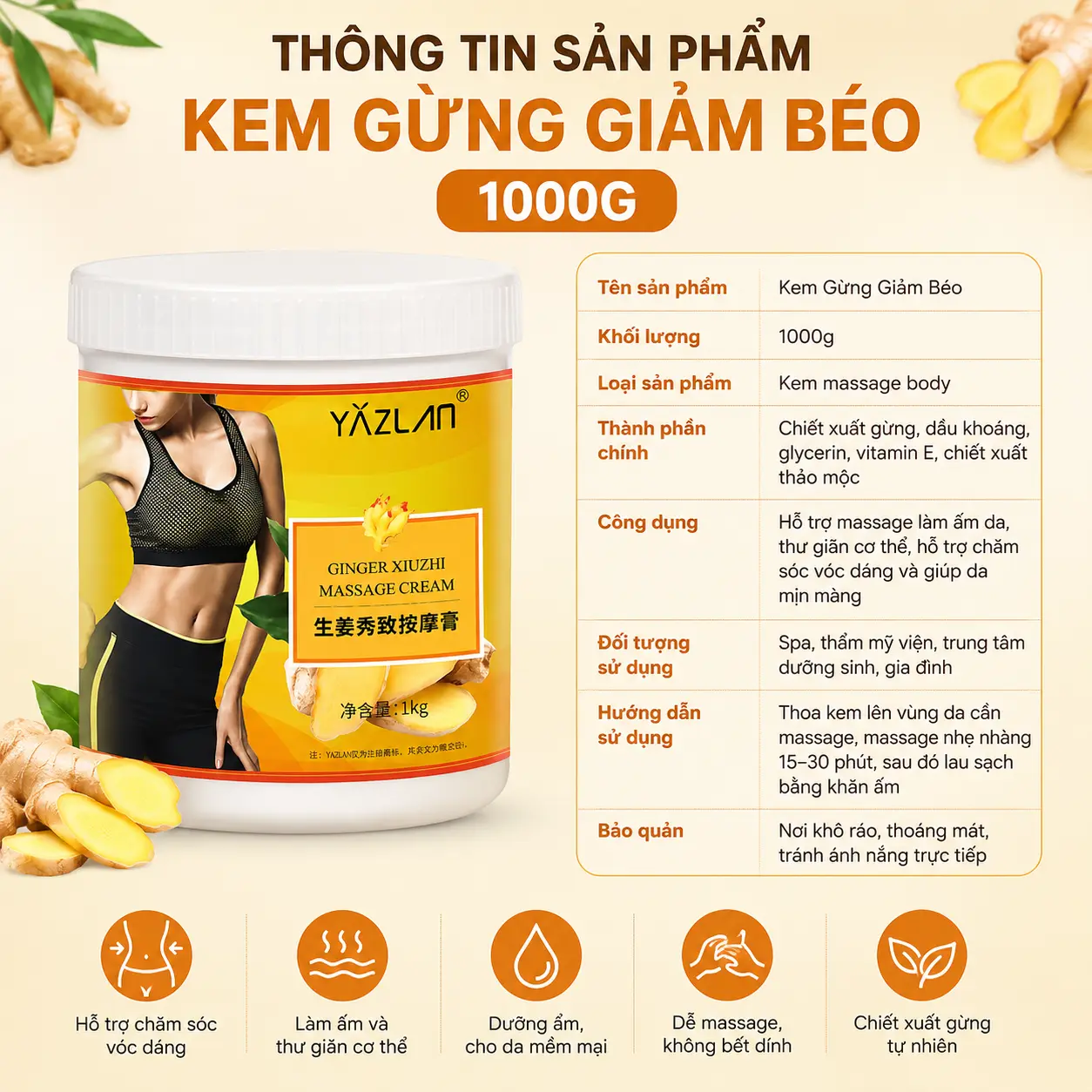3 Kem Gừng Giảm Béo Massage Cao Cấp 1000g – Hỗ Trợ Massage Săn Chắc Cơ Thể, Thư Giãn Cơ Bắp