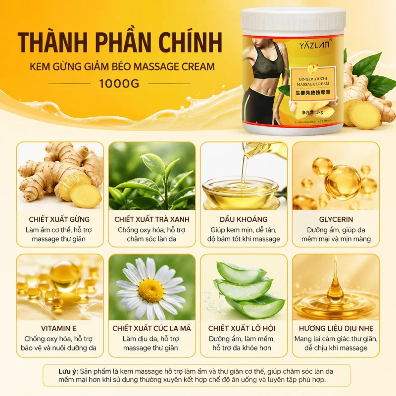 Kem Gừng Giảm Béo Massage Cao Cấp 1000g – Hỗ Trợ Massage Săn Chắc Cơ Thể, Thư Giãn Cơ Bắp