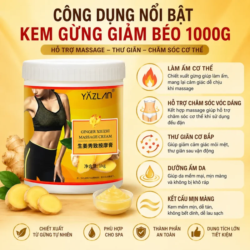 Kem Gừng Giảm Béo Massage Cao Cấp 1000g – Hỗ Trợ Massage Săn Chắc Cơ Thể, Thư Giãn Cơ Bắp