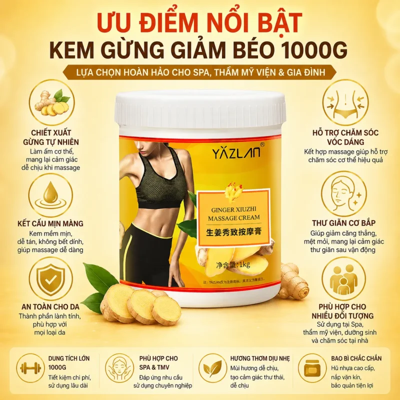 Kem Gừng Giảm Béo Massage Cao Cấp 1000g – Hỗ Trợ Massage Săn Chắc Cơ Thể, Thư Giãn Cơ Bắp
