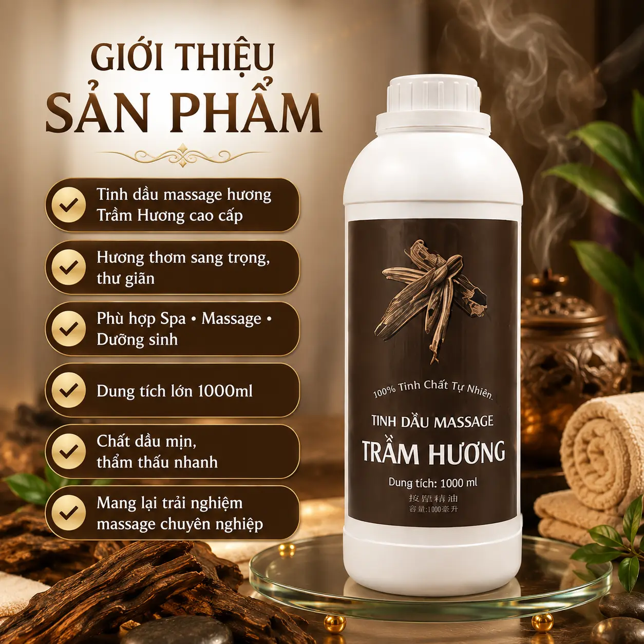 a1 Tinh Dầu Massage Hương Gỗ Trầm Hương Cao Cấp 1000ml – Dầu Massage Body Thư Giãn, Hương Trầm Sang Trọng Cho Spa