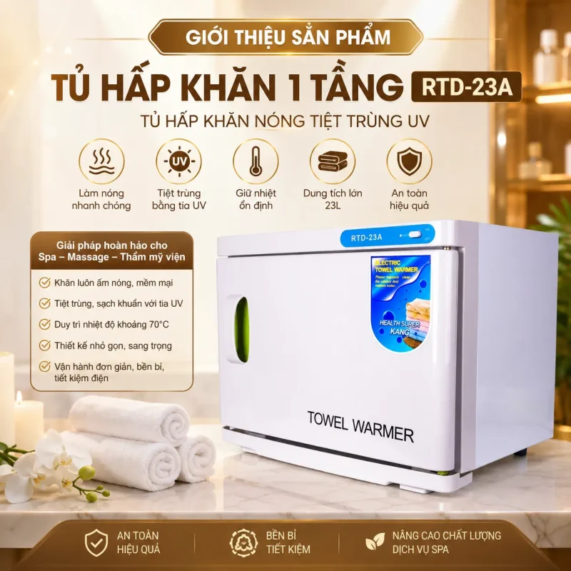 Tủ Hấp Khăn 1 Tầng RTD-23A – Tủ Hấp Khăn Nóng Tiệt Trùng UV Chuyên Dụng Cho Spa, Massage, Thẩm Mỹ