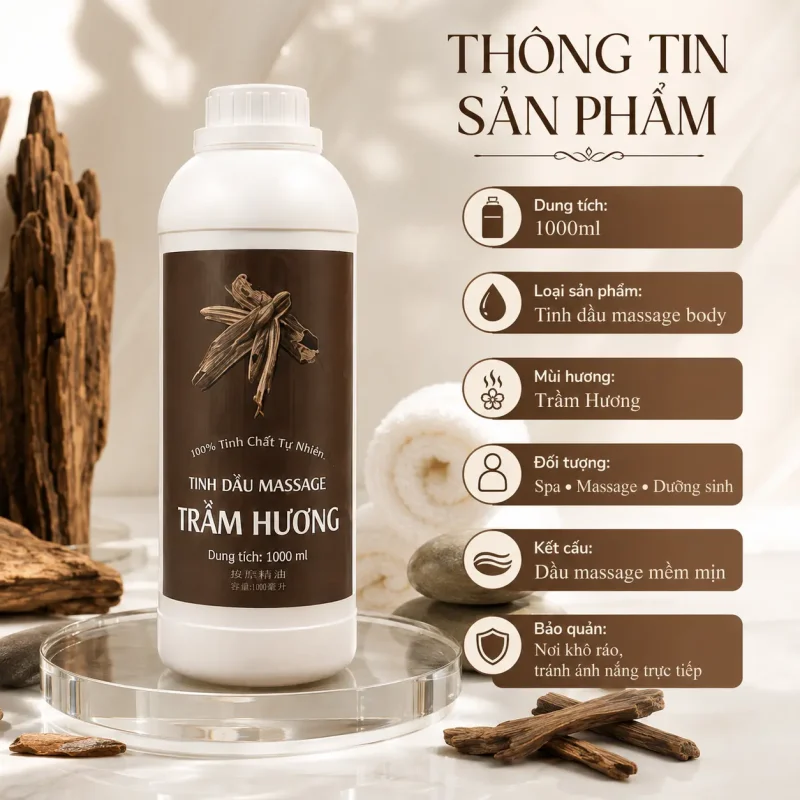 Tinh Dầu Massage Hương Gỗ Trầm Hương Cao Cấp 1000ml – Dầu Massage Body Thư Giãn, Hương Trầm Sang Trọng Cho Spa