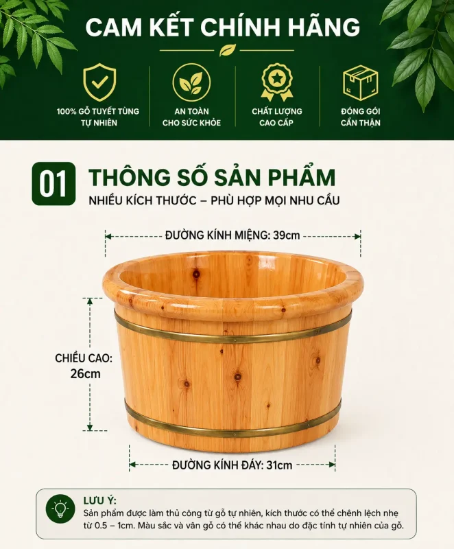 Chậu Ngâm Chân Gỗ Tuyết Tùng Bo Viền Cao Cấp – Thư Giãn, Giữ Nhiệt Tốt