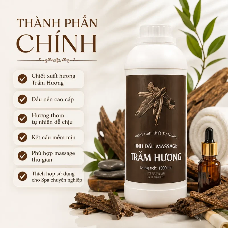 Tinh Dầu Massage Hương Gỗ Trầm Hương Cao Cấp 1000ml – Dầu Massage Body Thư Giãn, Hương Trầm Sang Trọng Cho Spa