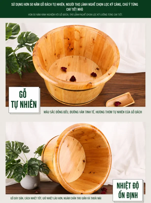 Chậu Ngâm Chân Gỗ Tuyết Tùng Bo Viền Cao Cấp – Thư Giãn, Giữ Nhiệt Tốt