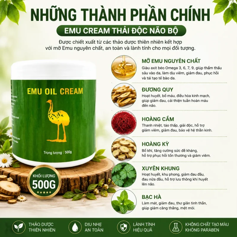 Kem Emu Cream Thải Độc Não Bộ 500g – Kem Massage Emu Oil Hỗ Trợ Thư Giãn, Làm Ấm Cơ Thể Và Chăm Sóc Vùng Đầu, Vai Gáy
