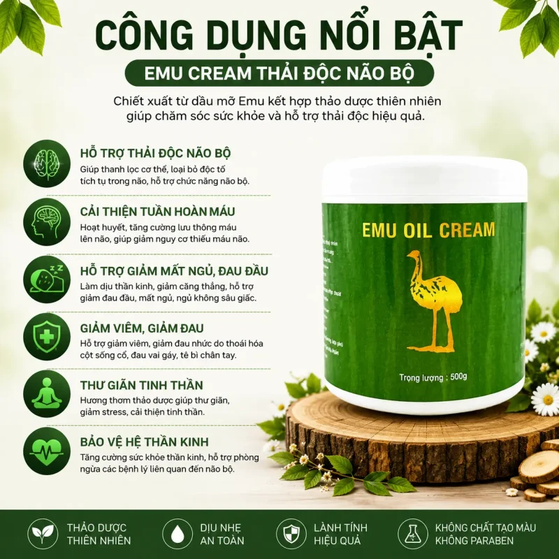 Kem Emu Cream Thải Độc Não Bộ 500g – Kem Massage Emu Oil Hỗ Trợ Thư Giãn, Làm Ấm Cơ Thể Và Chăm Sóc Vùng Đầu, Vai Gáy