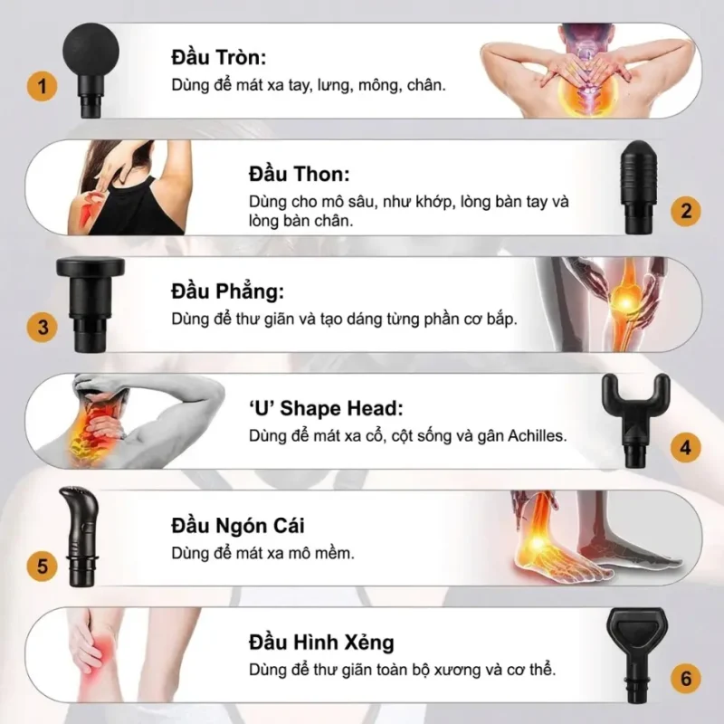 Súng Massage Gun Cầm Tay 30 Cấp Độ – 6 Đầu Massage Đa Năng
