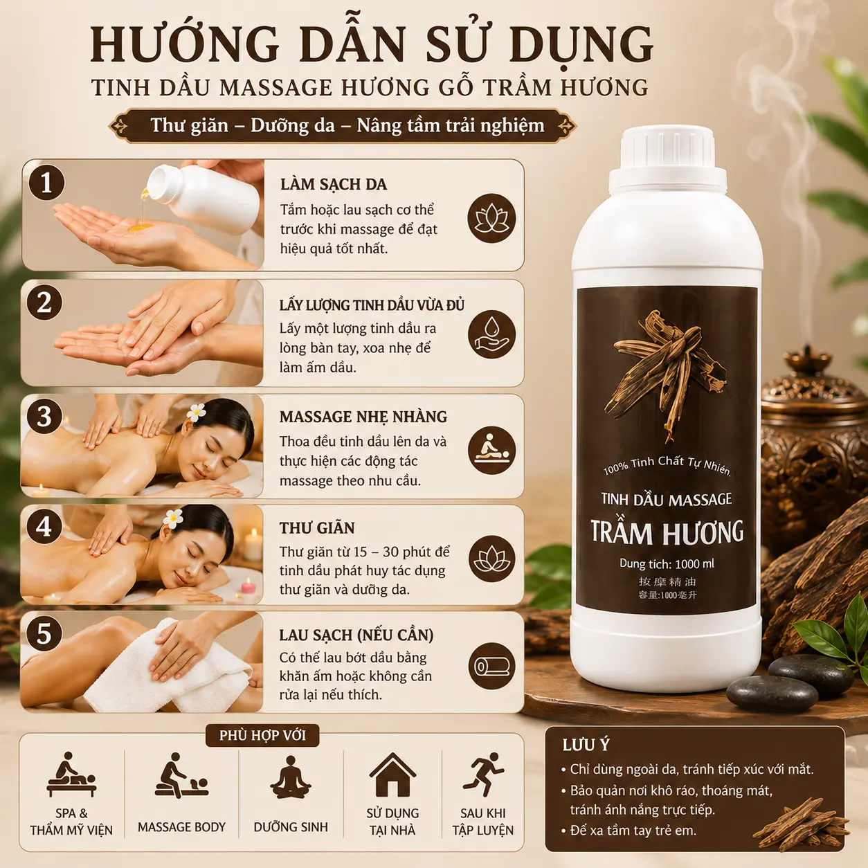 a6 Tinh Dầu Massage Hương Gỗ Trầm Hương Cao Cấp 1000ml – Dầu Massage Body Thư Giãn, Hương Trầm Sang Trọng Cho Spa
