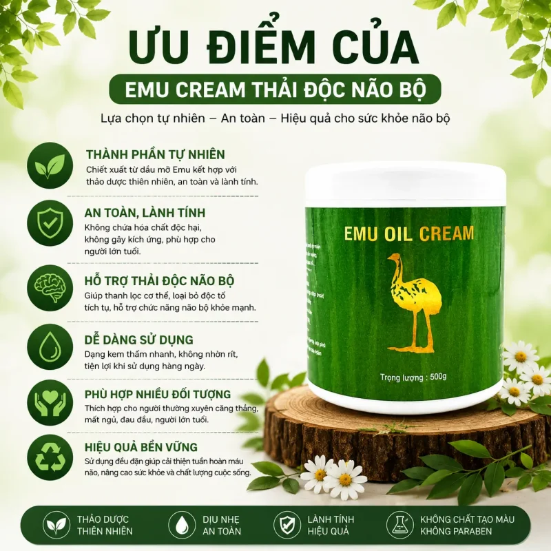 Kem Emu Cream Thải Độc Não Bộ 500g – Kem Massage Emu Oil Hỗ Trợ Thư Giãn, Làm Ấm Cơ Thể Và Chăm Sóc Vùng Đầu, Vai Gáy