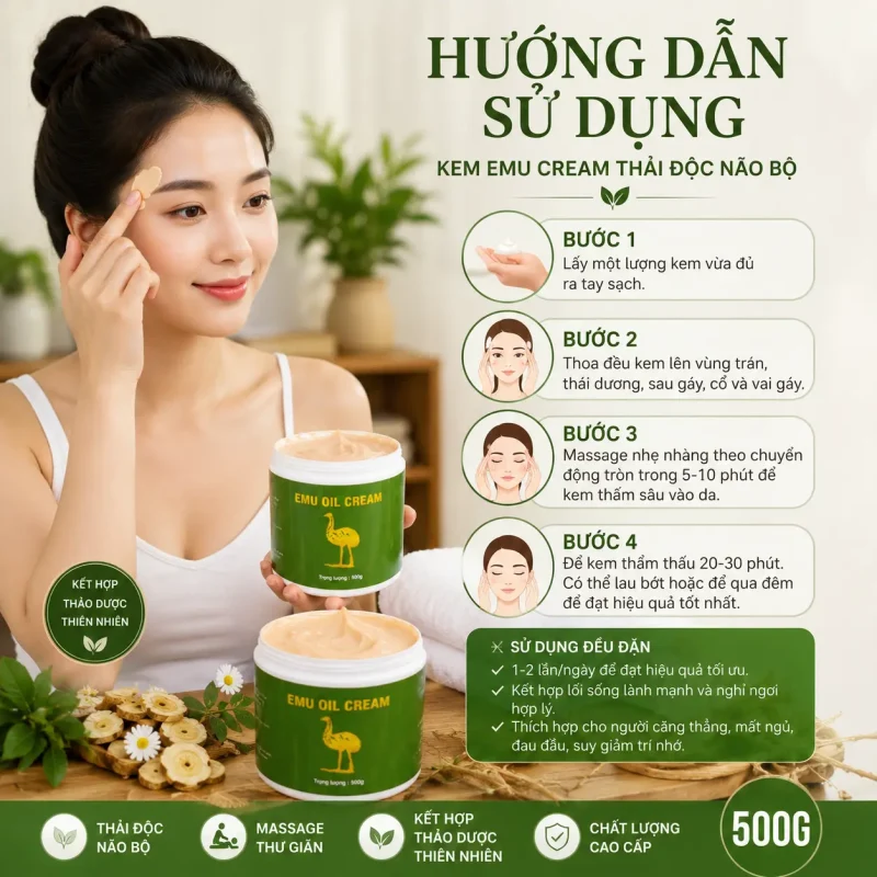 Kem Emu Cream Thải Độc Não Bộ 500g – Kem Massage Emu Oil Hỗ Trợ Thư Giãn, Làm Ấm Cơ Thể Và Chăm Sóc Vùng Đầu, Vai Gáy