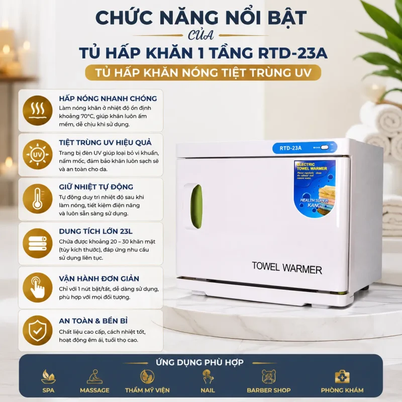 Tủ Hấp Khăn 1 Tầng RTD-23A – Tủ Hấp Khăn Nóng Tiệt Trùng UV Chuyên Dụng Cho Spa, Massage, Thẩm MỹTủ Hấp Khăn 1 Tầng RTD-23A – Tủ Hấp Khăn Nóng Tiệt Trùng UV Chuyên Dụng Cho Spa, Massage, Thẩm Mỹ