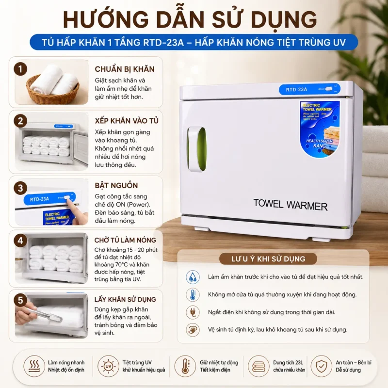 Tủ Hấp Khăn 1 Tầng RTD-23A – Tủ Hấp Khăn Nóng Tiệt Trùng UV Chuyên Dụng Cho Spa, Massage, Thẩm Mỹ