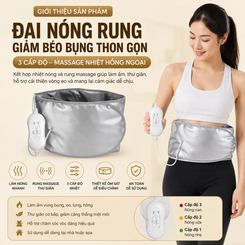 Đai Nóng Rung Giảm Béo Bụng Thon Gọn 3 Cấp Độ – Massage Nhiệt Hồng Ngoại, Bảo Hành 12 Tháng