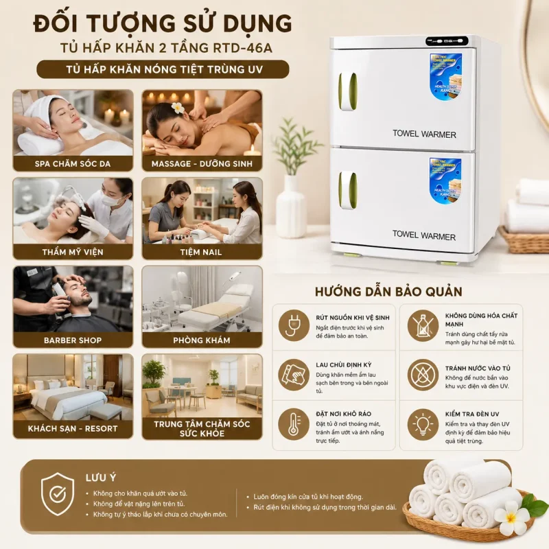 Tủ Hấp Khăn 2 Tầng RTD-46A – Tủ Hấp Khăn Nóng Tiệt Trùng UV Chuyên Dụng Cho Spa, Thẩm Mỹ Viện