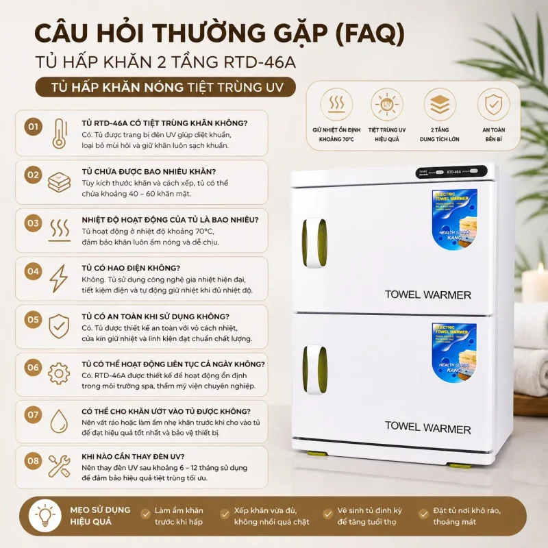 Tủ Hấp Khăn 2 Tầng RTD-46A – Tủ Hấp Khăn Nóng Tiệt Trùng UV Chuyên Dụng Cho Spa, Thẩm Mỹ Viện