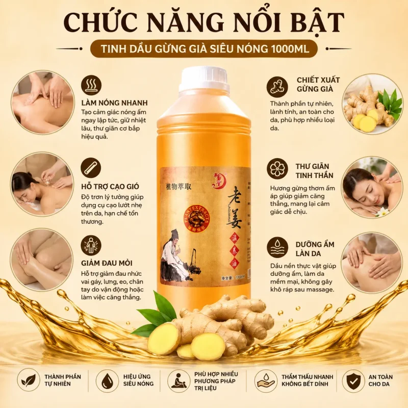 Tinh Dầu Gừng Già Siêu Nóng 1000ml – Tinh Dầu Massage Body, Cạo Gió, Dưỡng Sinh Chuyên Nghiệp