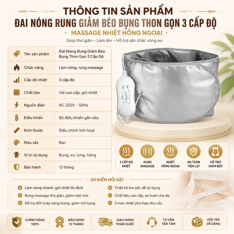 Đai Nóng Rung Giảm Béo Bụng Thon Gọn 3 Cấp Độ – Massage Nhiệt Hồng Ngoại, Bảo Hành 12 Tháng