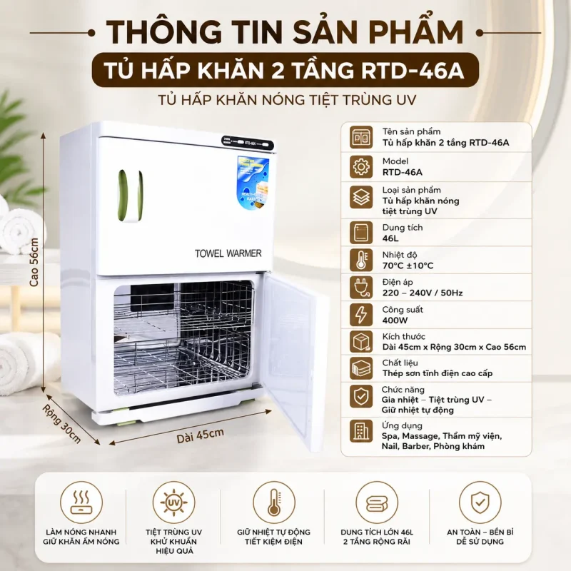 Tủ Hấp Khăn 2 Tầng RTD-46A – Tủ Hấp Khăn Nóng Tiệt Trùng UV Chuyên Dụng Cho Spa, Thẩm Mỹ Viện