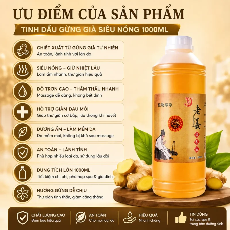 Tinh Dầu Gừng Già Siêu Nóng 1000ml – Tinh Dầu Massage Body, Cạo Gió, Dưỡng Sinh Chuyên Nghiệp