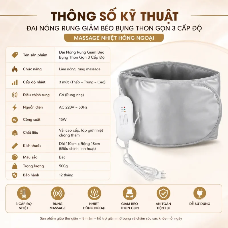 Đai Nóng Rung Giảm Béo Bụng Thon Gọn 3 Cấp Độ – Massage Nhiệt Hồng Ngoại, Bảo Hành 12 Tháng