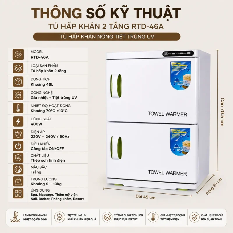 Tủ Hấp Khăn 2 Tầng RTD-46A – Tủ Hấp Khăn Nóng Tiệt Trùng UV Chuyên Dụng Cho Spa, Thẩm Mỹ Viện