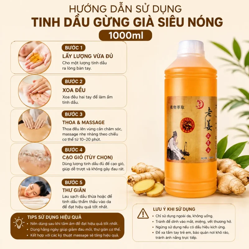 Tinh Dầu Gừng Già Siêu Nóng 1000ml – Tinh Dầu Massage Body, Cạo Gió, Dưỡng Sinh Chuyên Nghiệp