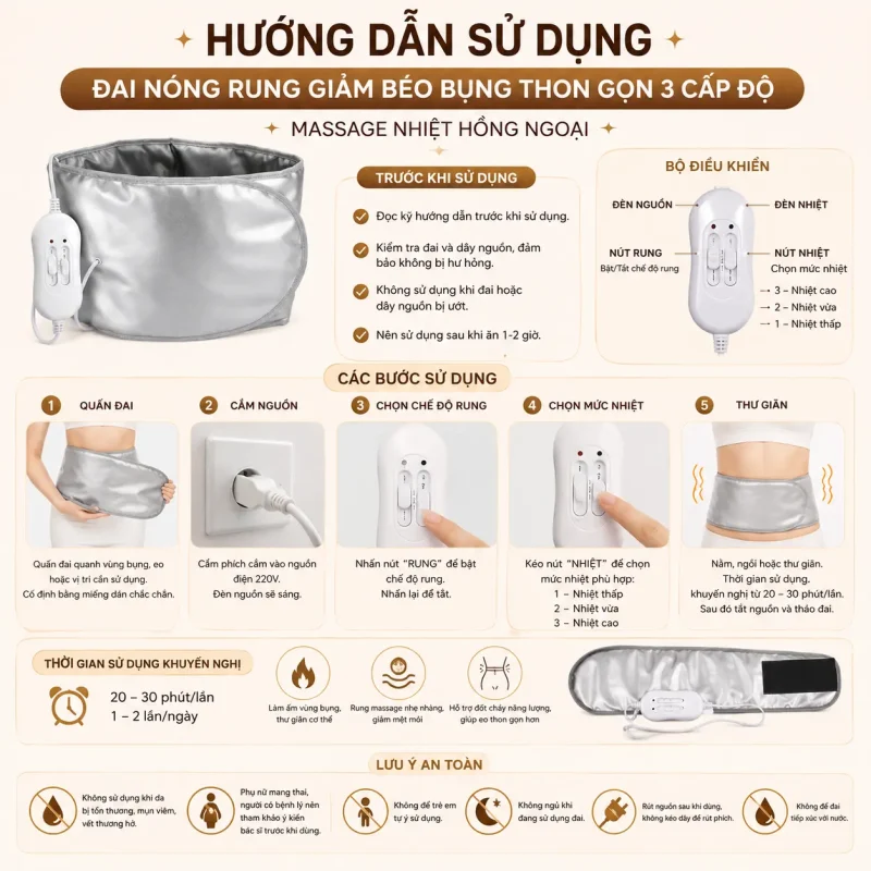 Đai Nóng Rung Giảm Béo Bụng Thon Gọn 3 Cấp Độ – Massage Nhiệt Hồng Ngoại, Bảo Hành 12 Tháng