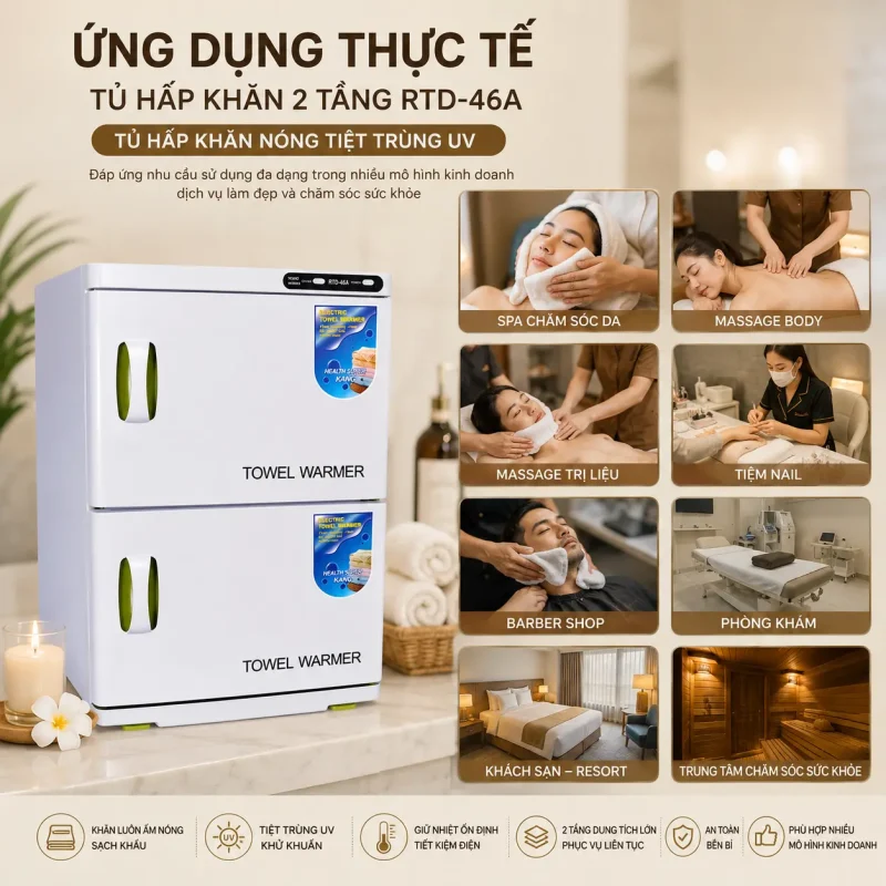 Tủ Hấp Khăn 2 Tầng RTD-46A – Tủ Hấp Khăn Nóng Tiệt Trùng UV Chuyên Dụng Cho Spa, Thẩm Mỹ Viện