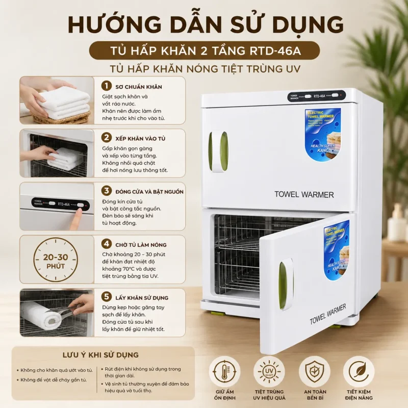Tủ Hấp Khăn 2 Tầng RTD-46A – Tủ Hấp Khăn Nóng Tiệt Trùng UV Chuyên Dụng Cho Spa, Thẩm Mỹ Viện
