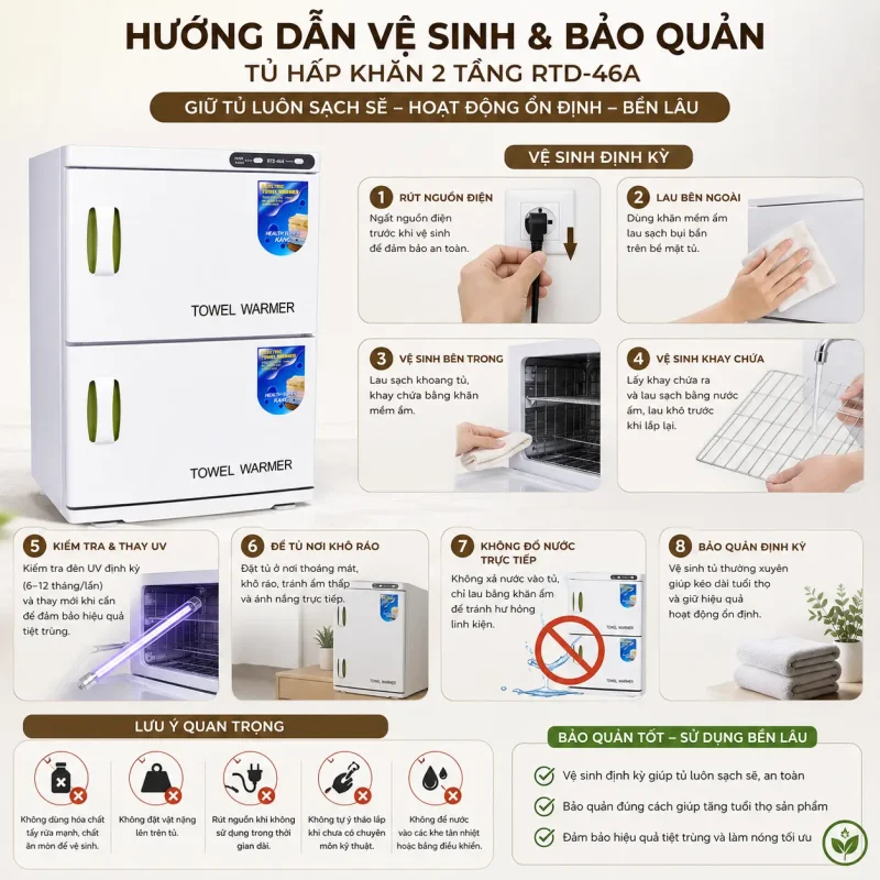 Tủ Hấp Khăn 2 Tầng RTD-46A – Tủ Hấp Khăn Nóng Tiệt Trùng UV Chuyên Dụng Cho Spa, Thẩm Mỹ Viện