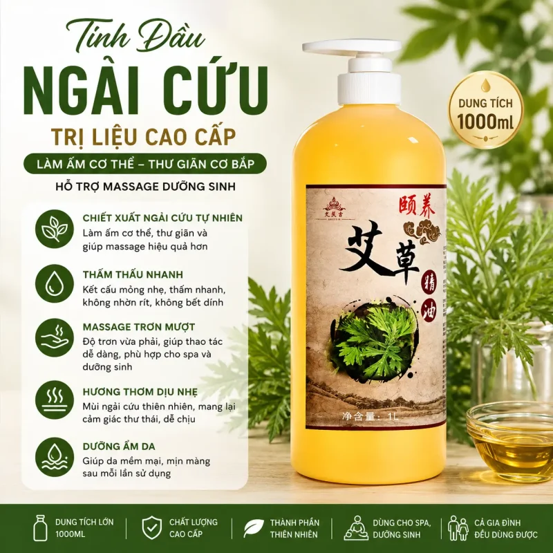 Tinh Dầu Ngải Cứu Trị Liệu Cao Cấp 1000ml – Làm Ấm Cơ Thể, Thư Giãn Cơ Bắp, Hỗ Trợ Massage Dưỡng Sinh