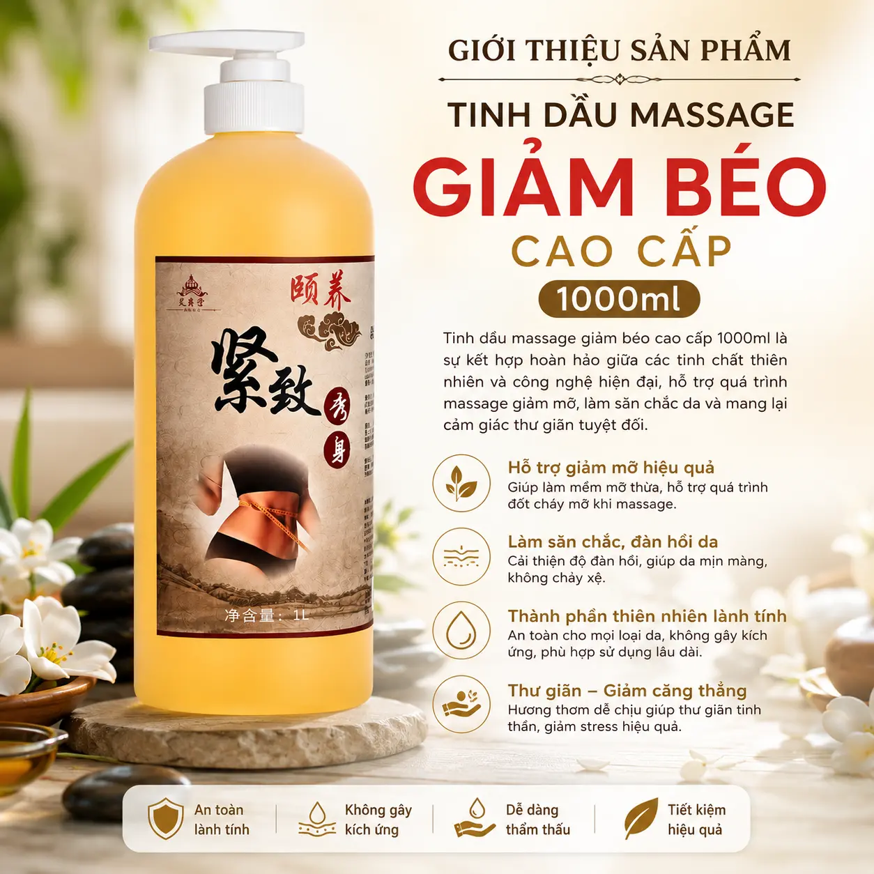 q1 Tinh Dầu Massage Giảm Béo Cao Cấp 1000ml – Hỗ Trợ Làm Săn Chắc Eo, Thon Gọn Chân Tay, Massage Toàn Thân