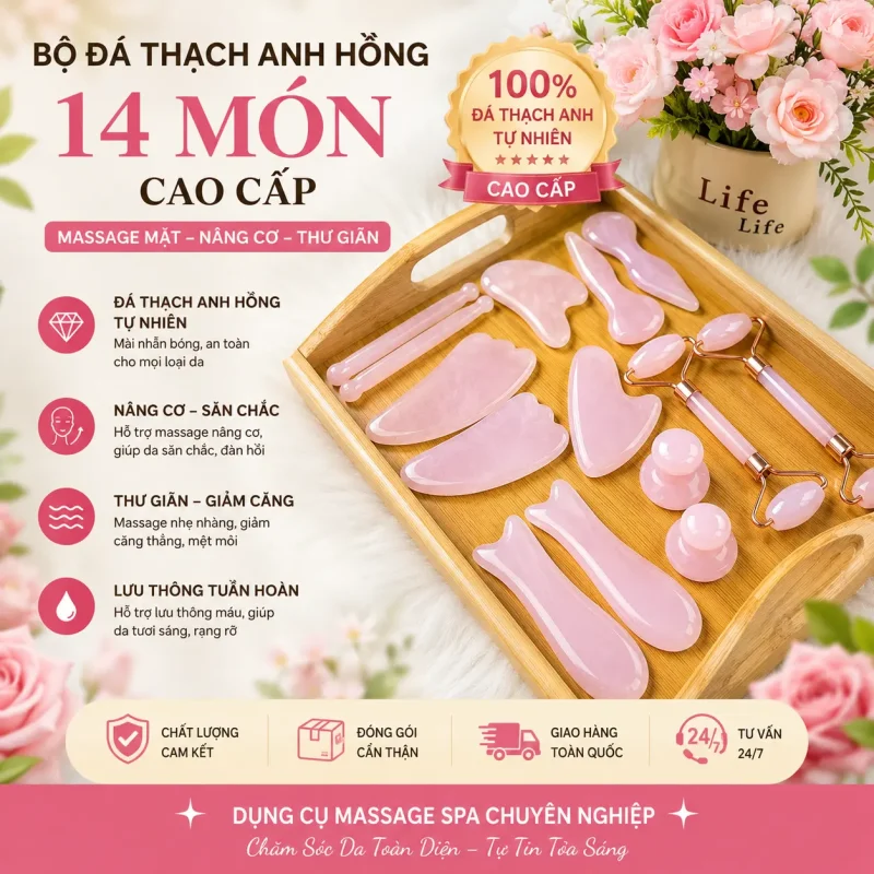 Bộ Đá Thạch Anh Hồng 14 Món Cao Cấp – Massage Mặt, Nâng Cơ, Thư Giãn | Dụng Cụ Massage Spa Chuyên Nghiệp