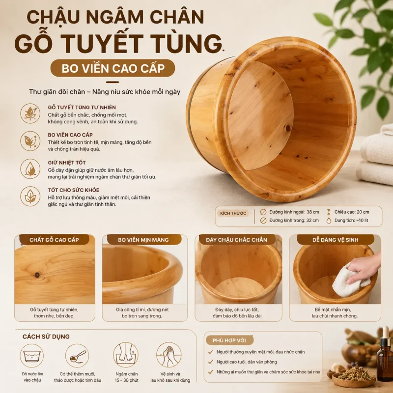 Chậu Ngâm Chân Gỗ Tuyết Tùng Bo Viền Cao Cấp – Thư Giãn, Giữ Nhiệt Tốt
