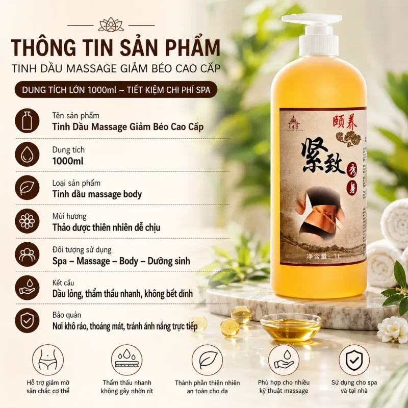 Tinh Dầu Massage Giảm Béo Cao Cấp 1000ml – Hỗ Trợ Làm Săn Chắc Eo, Thon Gọn Chân Tay, Massage Toàn Thân