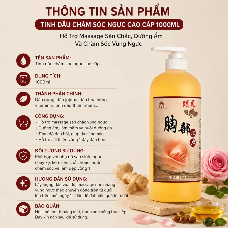 Tinh Dầu Chăm Sóc Ngực Cao Cấp 1000ml – Hỗ Trợ Massage Săn Chắc, Dưỡng Ẩm Và Chăm Sóc Vùng Ngực