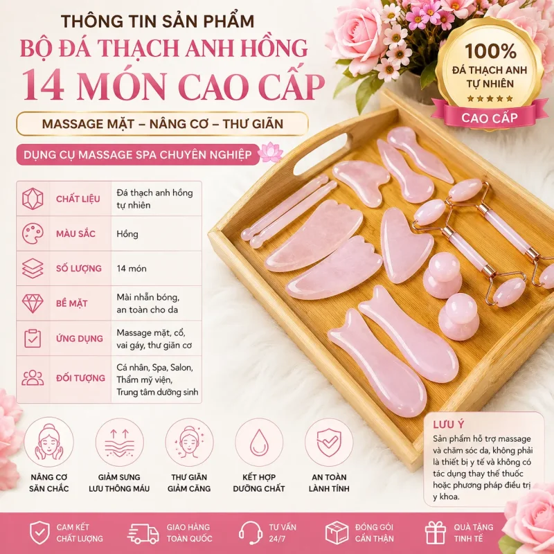 Bộ Đá Thạch Anh Hồng 14 Món Cao Cấp – Massage Mặt, Nâng Cơ, Thư Giãn | Dụng Cụ Massage Spa Chuyên Nghiệp