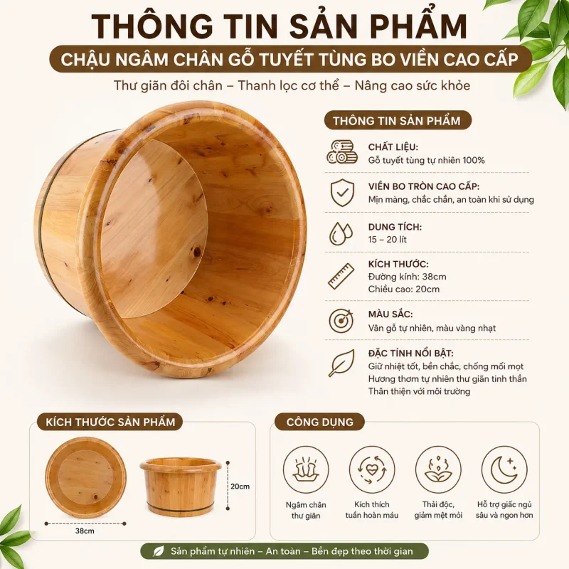 Chậu Ngâm Chân Gỗ Tuyết Tùng Bo Viền Cao Cấp – Thư Giãn, Giữ Nhiệt Tốt