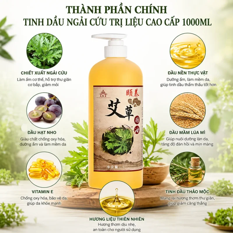 Tinh Dầu Ngải Cứu Trị Liệu Cao Cấp 1000ml – Làm Ấm Cơ Thể, Thư Giãn Cơ Bắp, Hỗ Trợ Massage Dưỡng Sinh