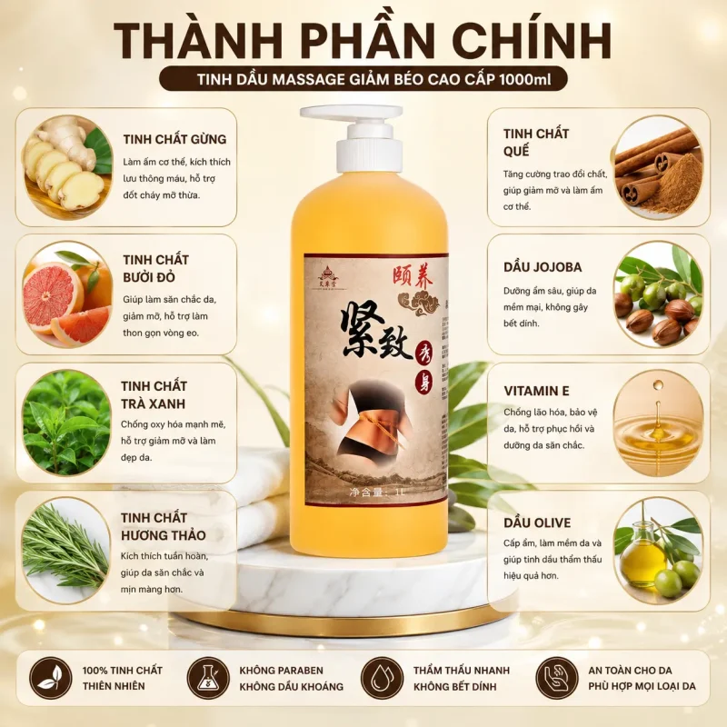 Tinh Dầu Massage Giảm Béo Cao Cấp 1000ml – Hỗ Trợ Làm Săn Chắc Eo, Thon Gọn Chân Tay, Massage Toàn Thân