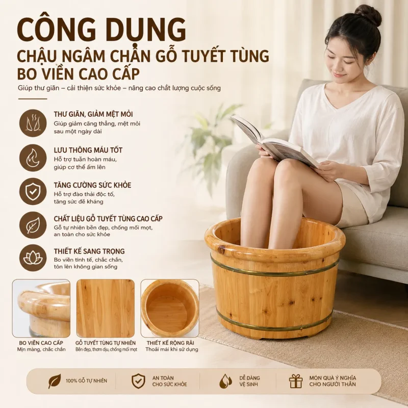 Chậu Ngâm Chân Gỗ Tuyết Tùng Bo Viền Cao Cấp – Thư Giãn, Giữ Nhiệt Tốt