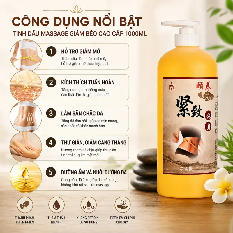Tinh Dầu Massage Giảm Béo Cao Cấp 1000ml – Hỗ Trợ Làm Săn Chắc Eo, Thon Gọn Chân Tay, Massage Toàn Thân